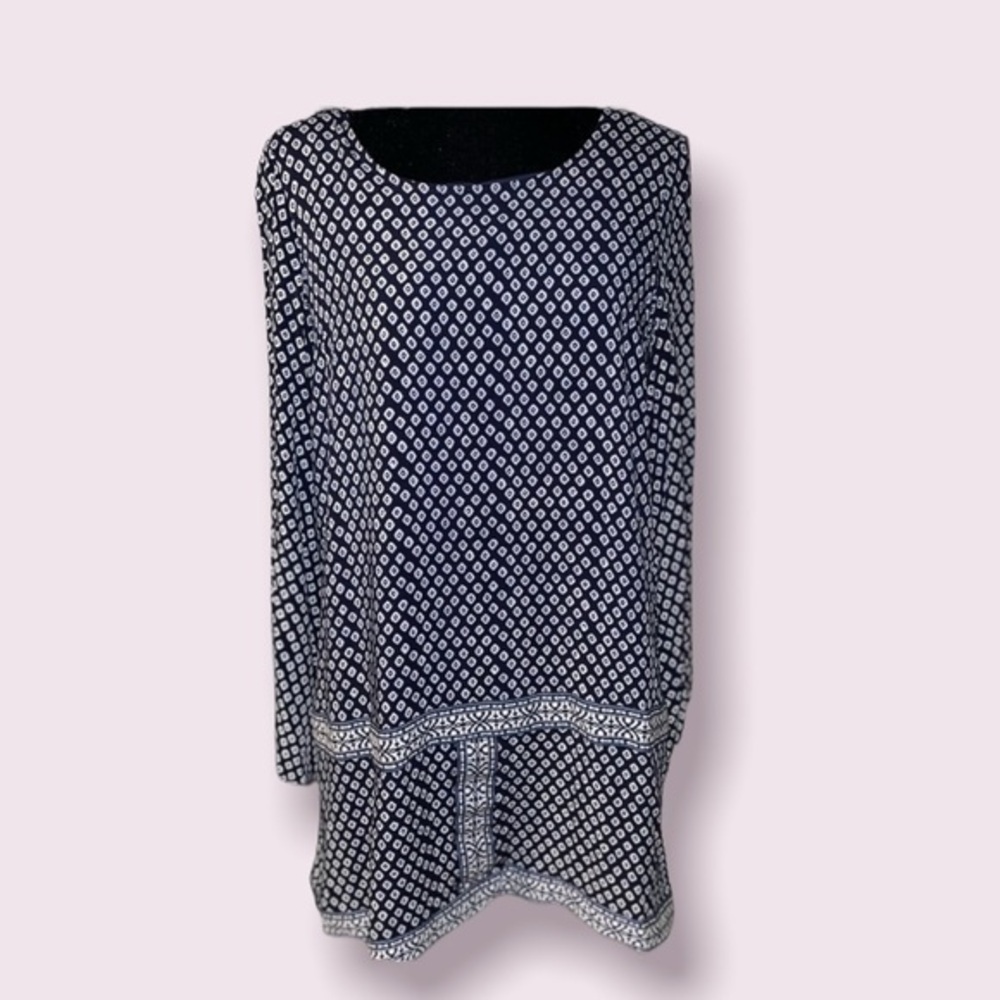 Alya Long Sleeve Dark Blue & White Pattern Mini Loose Fit Dress Size L